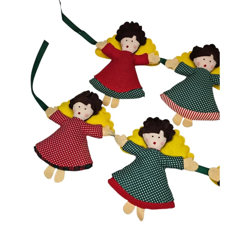 Vintage Style‎ Fabric Angel Christmas Garland Set of 2 Red Green Plaid Folk Art